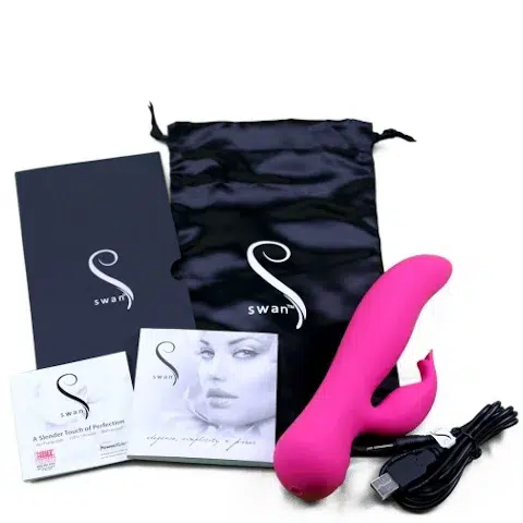 Swan The Blossom Swan Rabbit Vibrator with Black Satin Storage pouch, users manual and charger