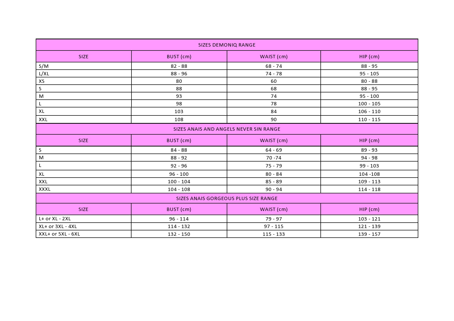 Lingerie Size Chart Image